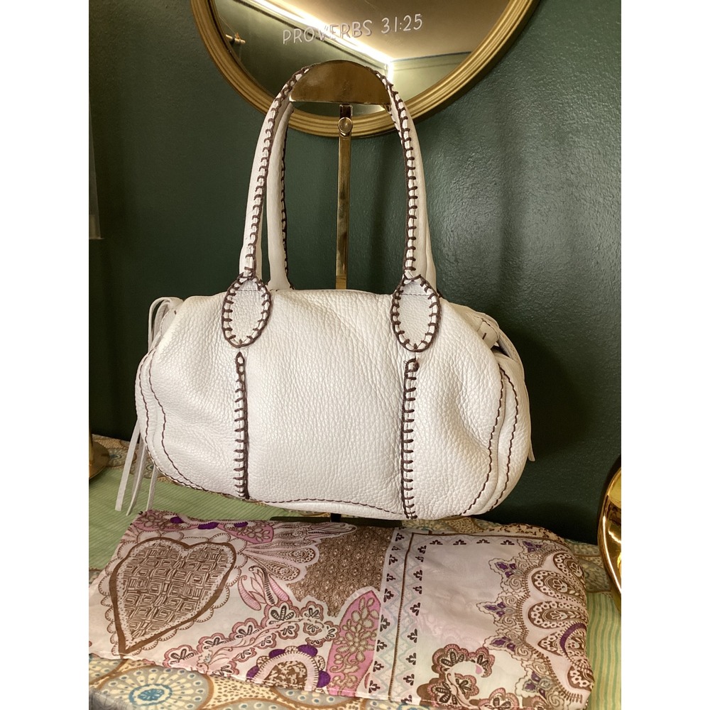 Carlos Falchi White Pebbled Leather Whipstitch Satchel Bag Made in Brazil
